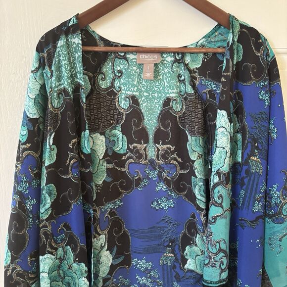 Chicos Open Wrap Top Asian Inspired Art to Wear SZ 1 Boho Blue Colorful Glam 90s - Picture 3 of 13